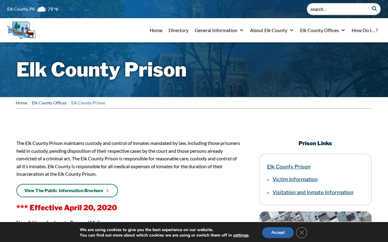 Elk County Prison official contact page for Cameron County release records