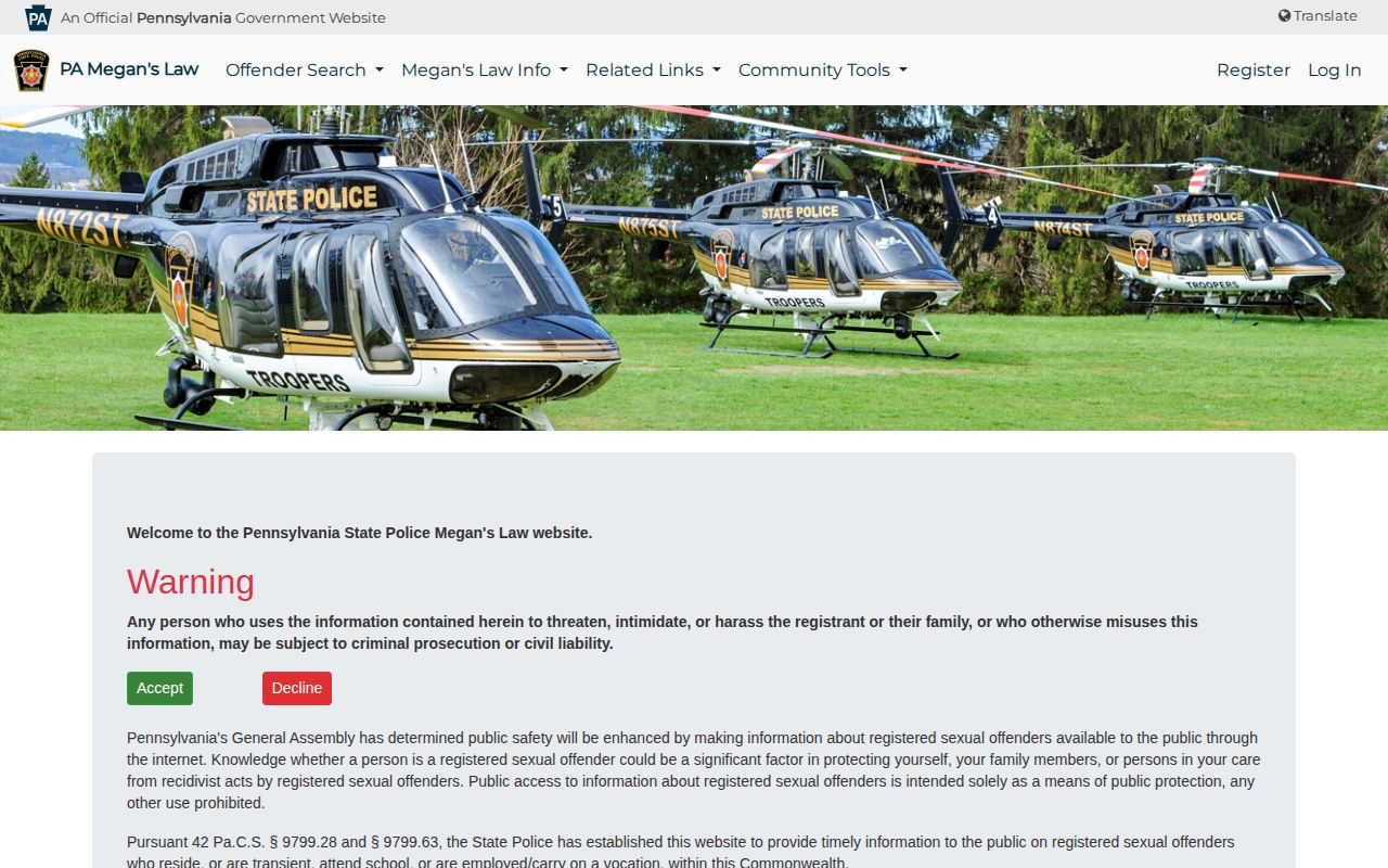 Pennsylvania Megan’s Law Registry search for Cameron County records